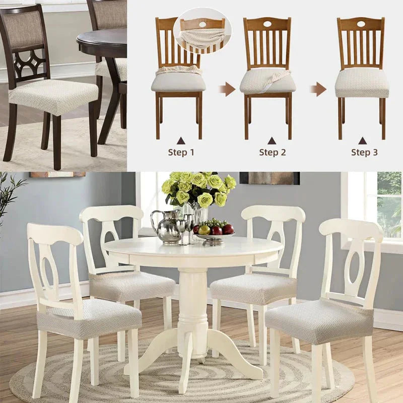 Easy chair cover installation guide and modern dining room with covered chairs, Clarioy homeware.