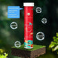 Raising Care plant fertilizer tube on floating soil, labeled with nutrients nitrogen, phosphorus, potassium, organic element, and micro elements, with text promoting green leaves and strong roots.