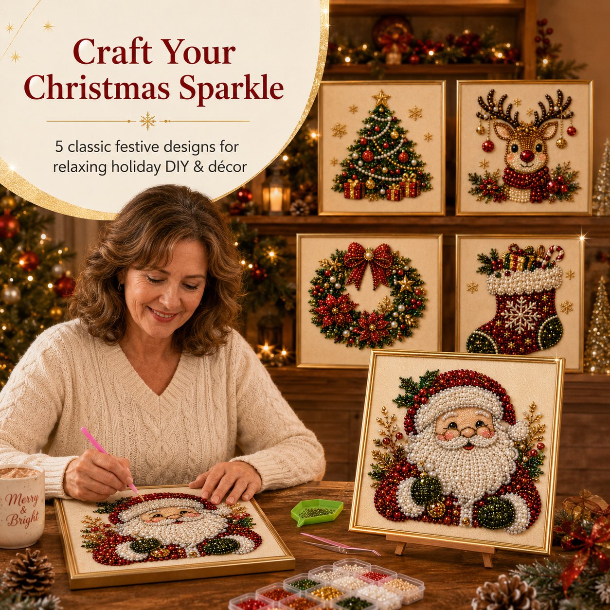 🎄✨DIY Christmas Pearl Diamond Painting Kit – 5 festive designs, 3D raised beads & display frame included. A sparkling holiday masterpiece for your wall! 🖼️🎨