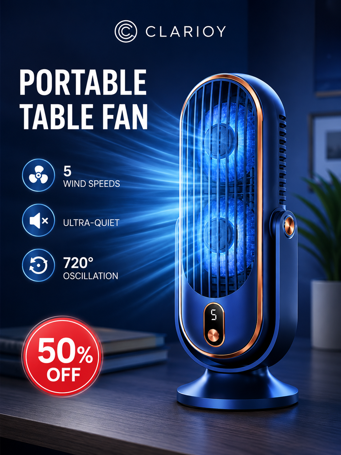 🥳2026 HOT SALE🥳💞50K+ SOLD!💨🌙 50% OFF! Portable Table Fan – 5 speeds, ultra‑quiet, gentle breeze. Perfect for bedroom or office. Stay cool without noise! 😴✨