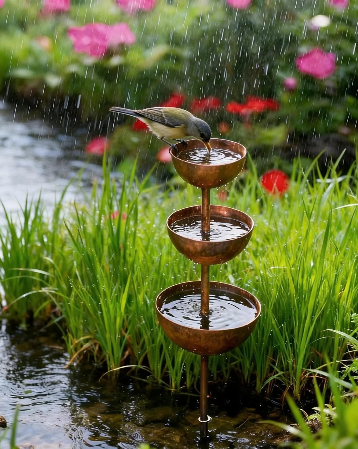 🐦LAST DAY SALE 50% OFF⚡ Rustic Metal Rain Catcher Plant Support Stake, Multi-Purpose Garden Ornament, Bird Bath & Bird Feeder for Yard Flower Bed Decor