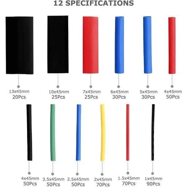 Assorted heat shrink tubing set in multiple sizes and colors, ideal for auto electrical wiring.