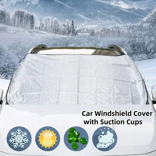 Car windshield cover with suction cups on a vehicle, snow-covered winter landscape, Clarioy auto accessory