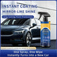 Quick effect car coating spray bottle next to shiny black sedan, promoting instant mirror-like shine and long-lasting paint protection, clarioy auto tool product.