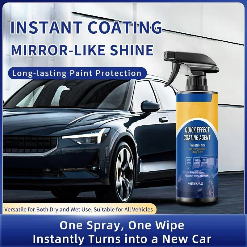 Quick effect car coating spray bottle next to shiny black sedan, promoting instant mirror-like shine and long-lasting paint protection, clarioy auto tool product.