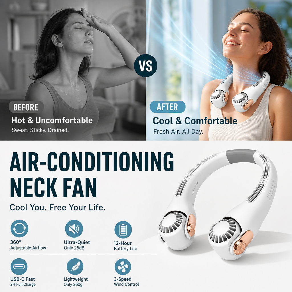 🌀 LIMITED-TIME 50% OFF! 💥 360° Rotating Neck Fan – Ultra Quiet, 3 Speeds, Hands-Free, Long Battery ✨