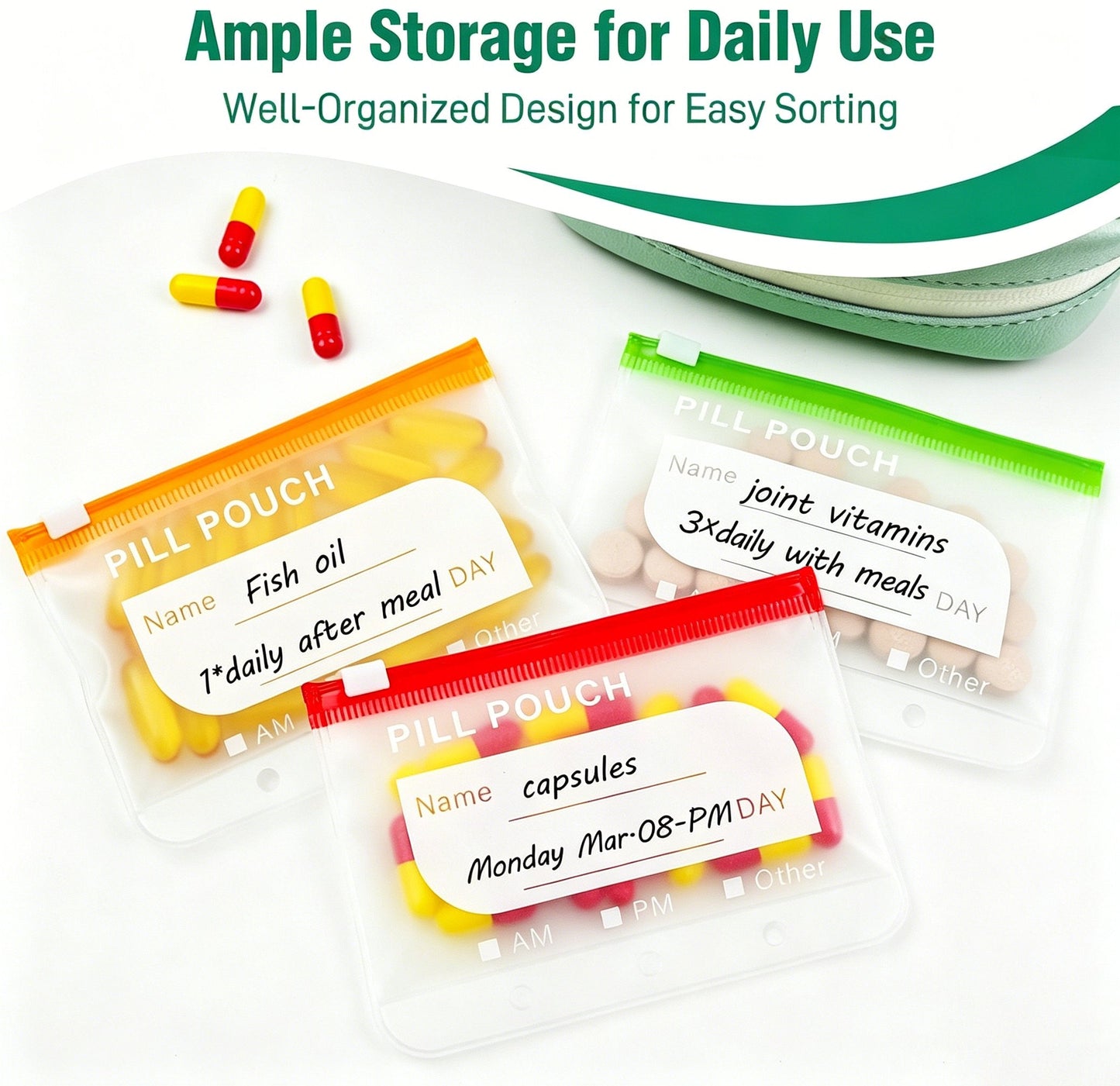 💊 A8 Waterproof 14 Color-Coded Pill Pouches Organizer – Portable Binder-Style Weekly Travel Medicine Storage Case for Pills, Vitamins & Supplements