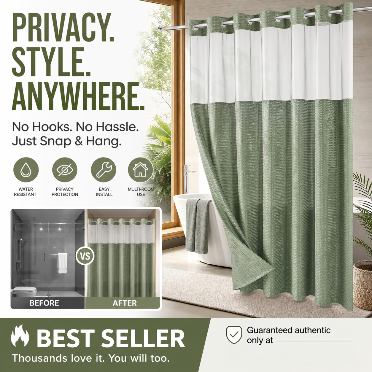 🛁✨50% OFF! 🚿🪟 Finally, a shower curtain that actually keeps water IN — no hooks, no leaks, waffle texture, bright & private. Over 12,658 bathrooms upgraded! ✨