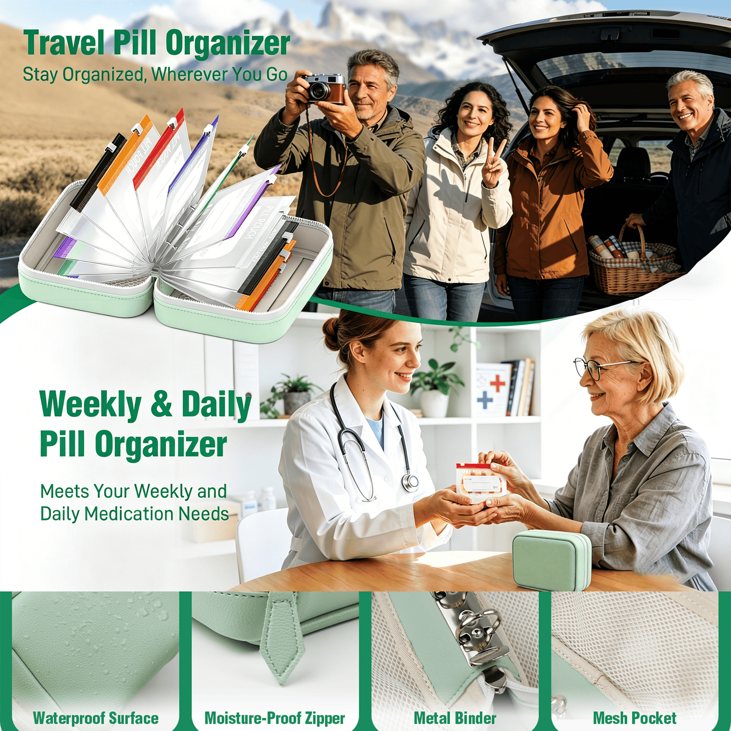 💊 A8 Waterproof 14 Color-Coded Pill Pouches Organizer – Portable Binder-Style Weekly Travel Medicine Storage Case for Pills, Vitamins & Supplements