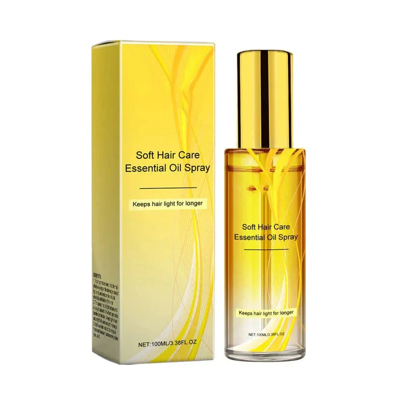 Soft Hair Care Essential Oil Spray 100ml with yellow packaging and bottle, clarioy hair product.