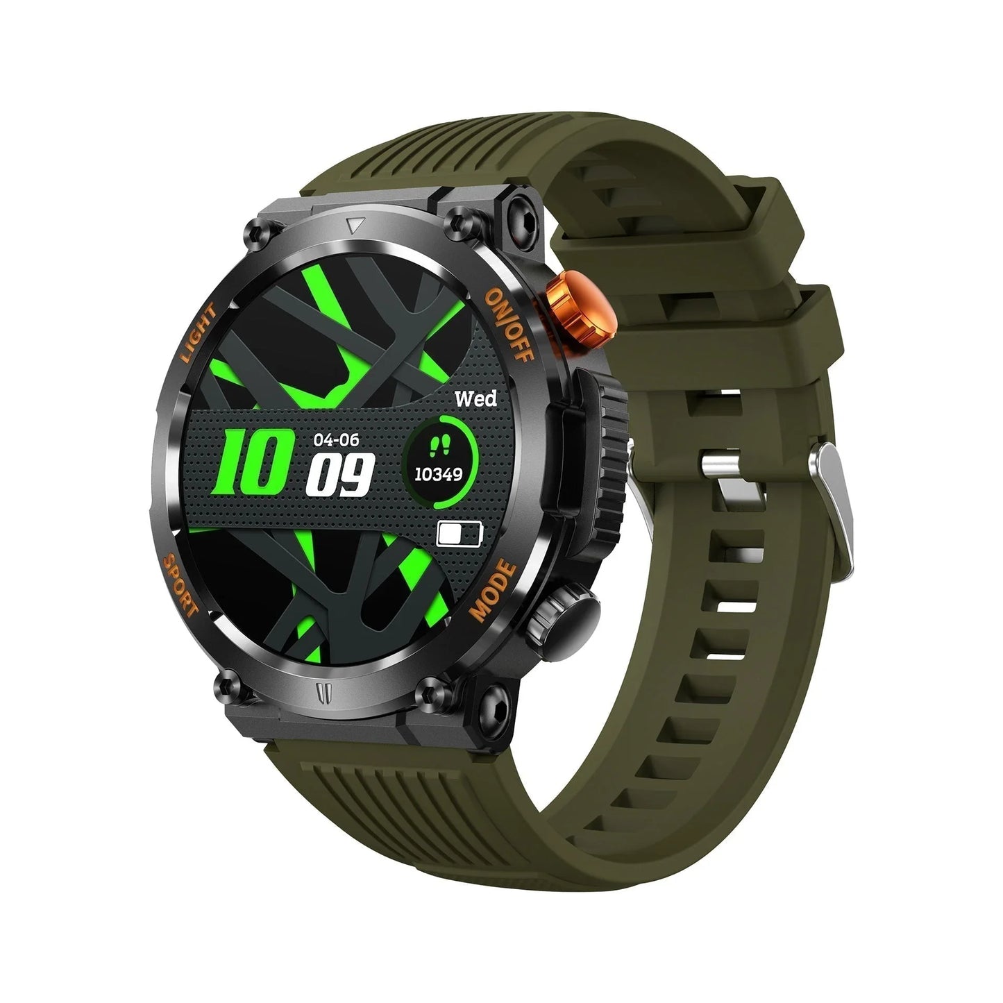Rugged digital smartwatch with green and black display, olive silicone strap, and step tracker