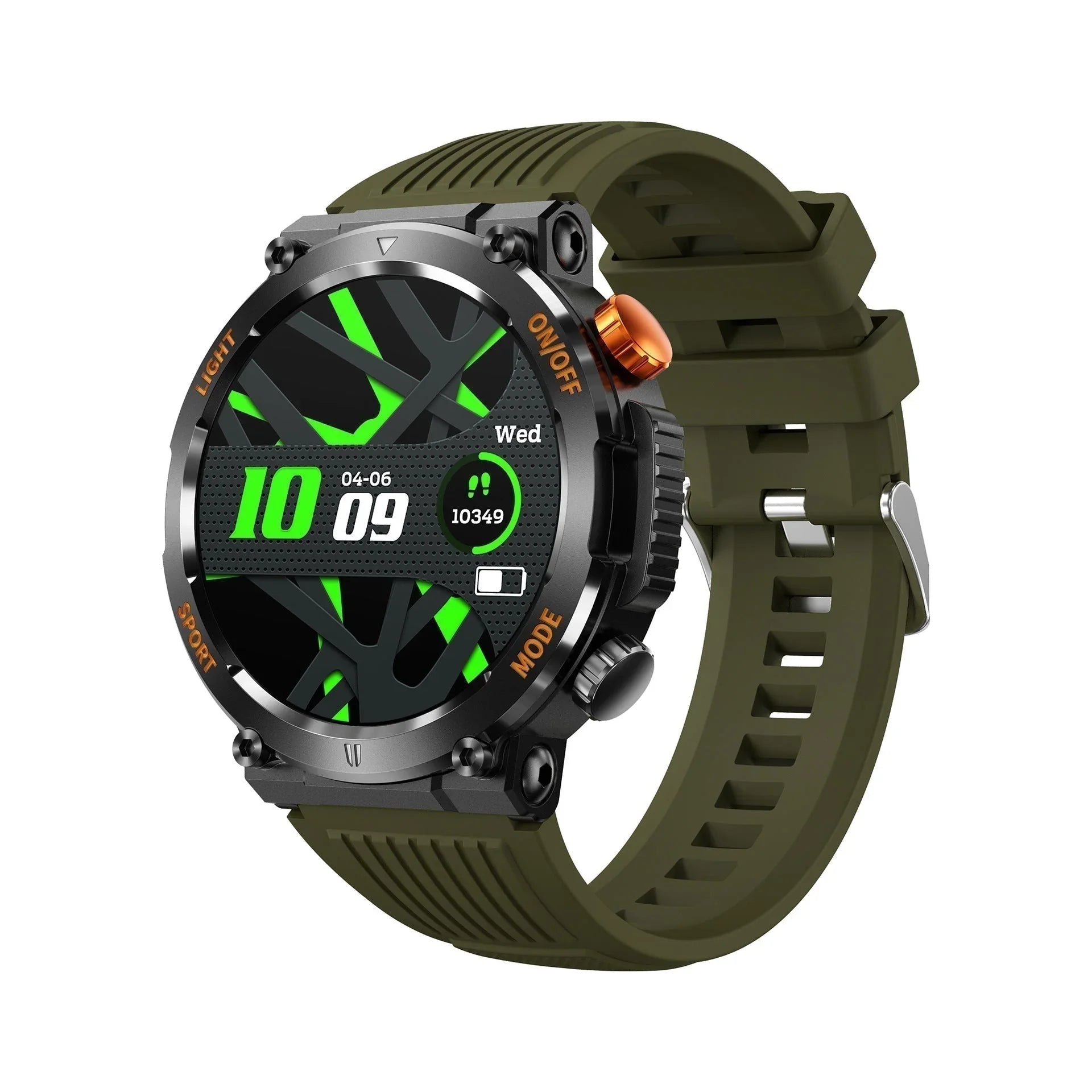 Rugged digital smartwatch with green and black display, olive silicone strap, and step tracker
