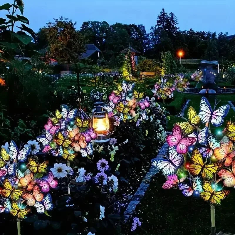 Colorful LED butterfly garden lights and flowers at night, decorative outdoor homeware from clarioy