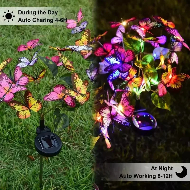 Solar butterfly garden stake light shown by day with vivid butterflies and at night glowing with colorful LEDs, outdoor decor from clarioy.