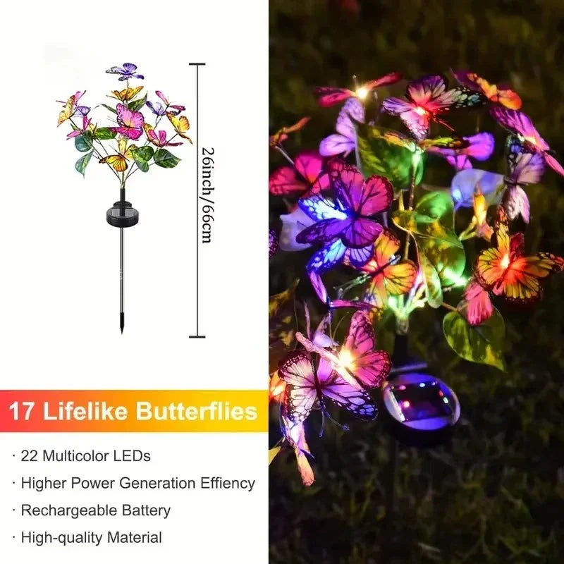 Clarioy solar butterfly stake light with 17 multicolor LED butterflies for garden decor, 66cm tall.
