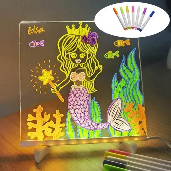 LED acrylic night light panel with colorful mermaid drawing, markers displayed, from clarioy