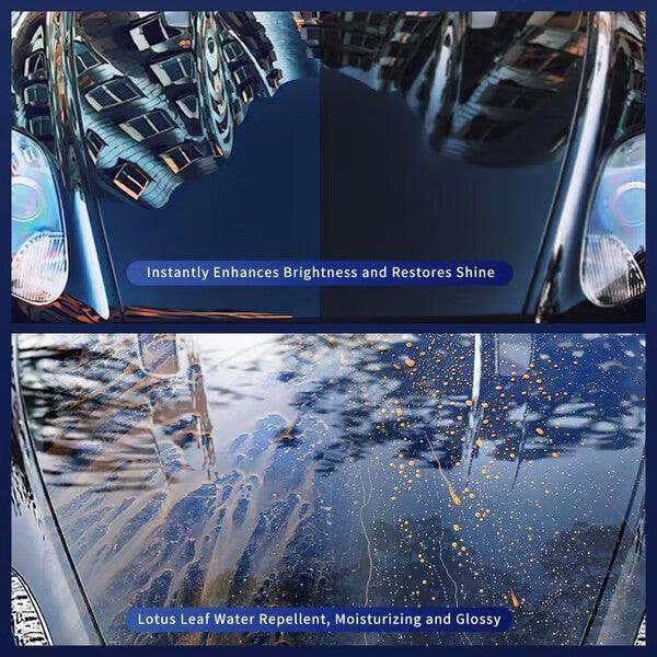 Car hood before and after cleaning, showing boosted shine and water repellency from clarioy auto tool.