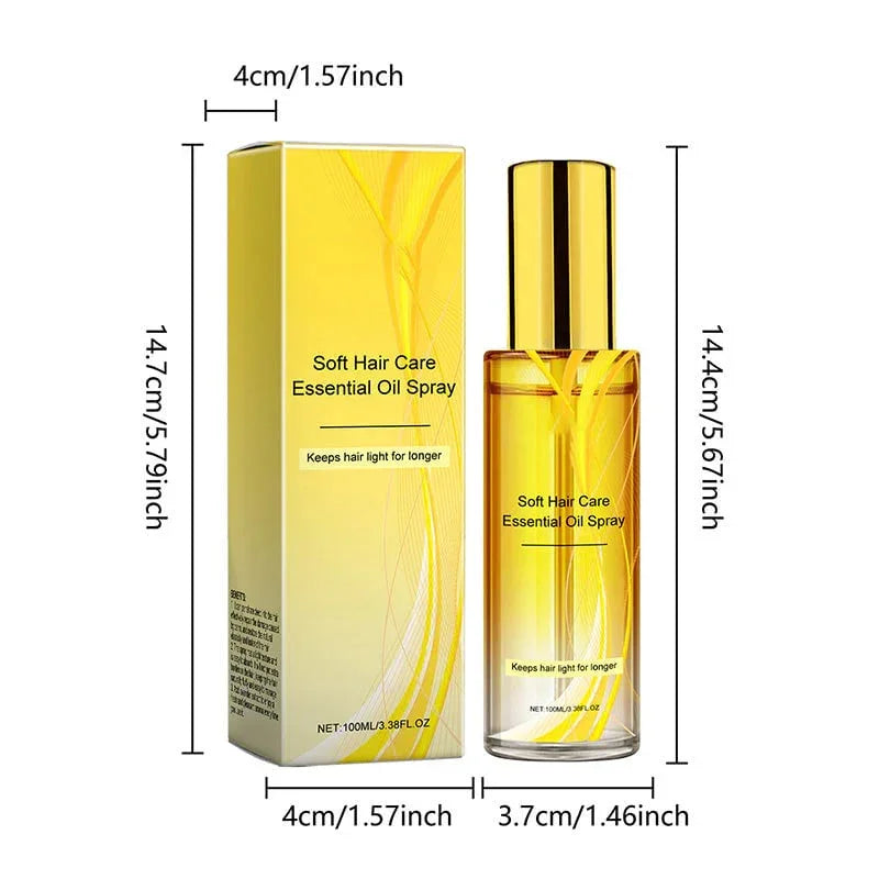 Soft Hair Care Essential Oil Spray bottle and box in yellow, with size dimensions shown