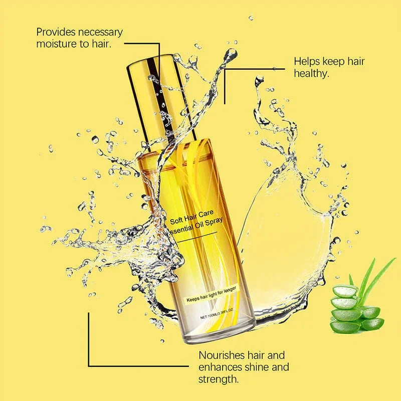 Soft Hair Care Essential Oil Spray bottle with splashing water, aloe vera, and benefits text, clarioy