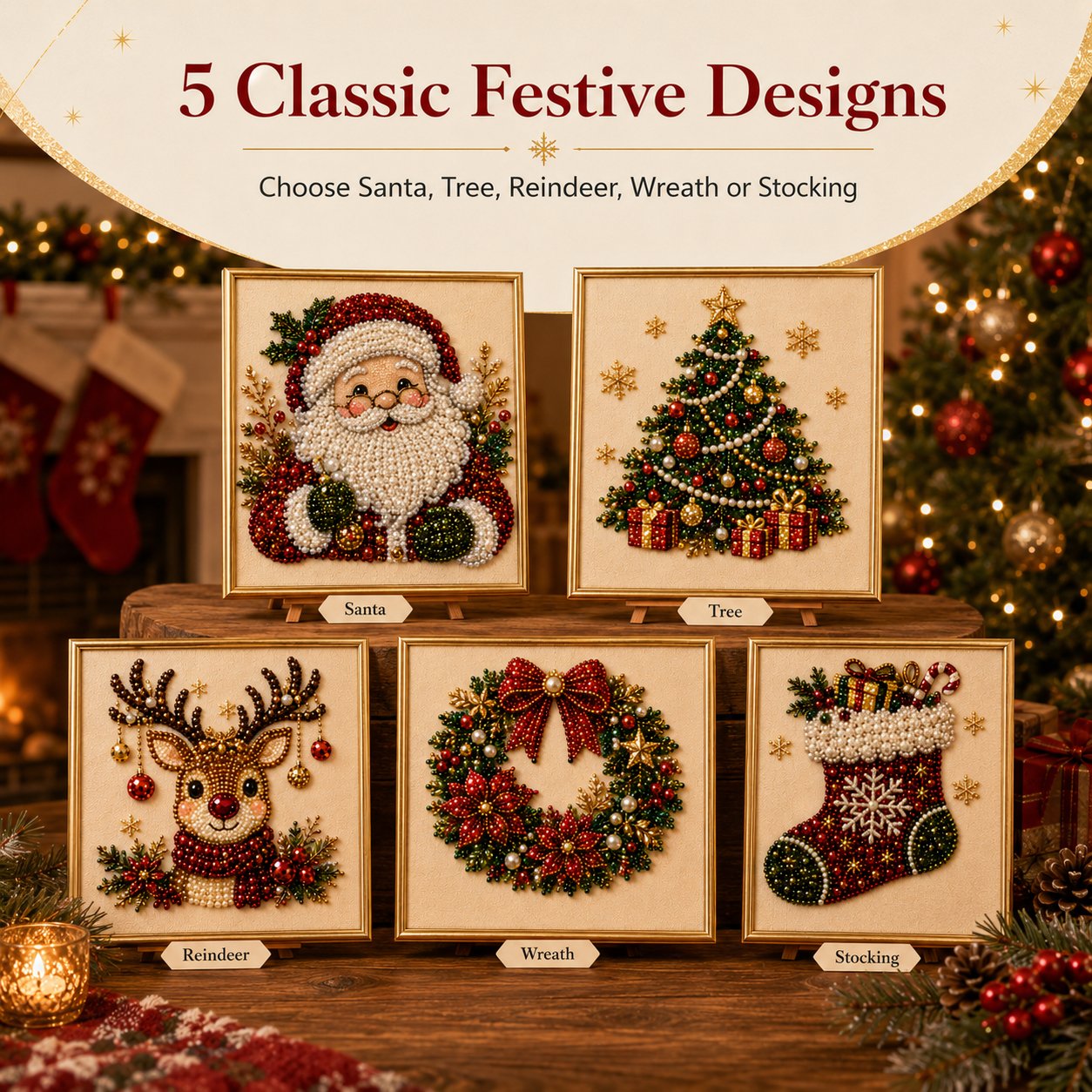 🎄✨DIY Christmas Pearl Diamond Painting Kit – 5 festive designs, 3D raised beads & display frame included. A sparkling holiday masterpiece for your wall! 🖼️🎨