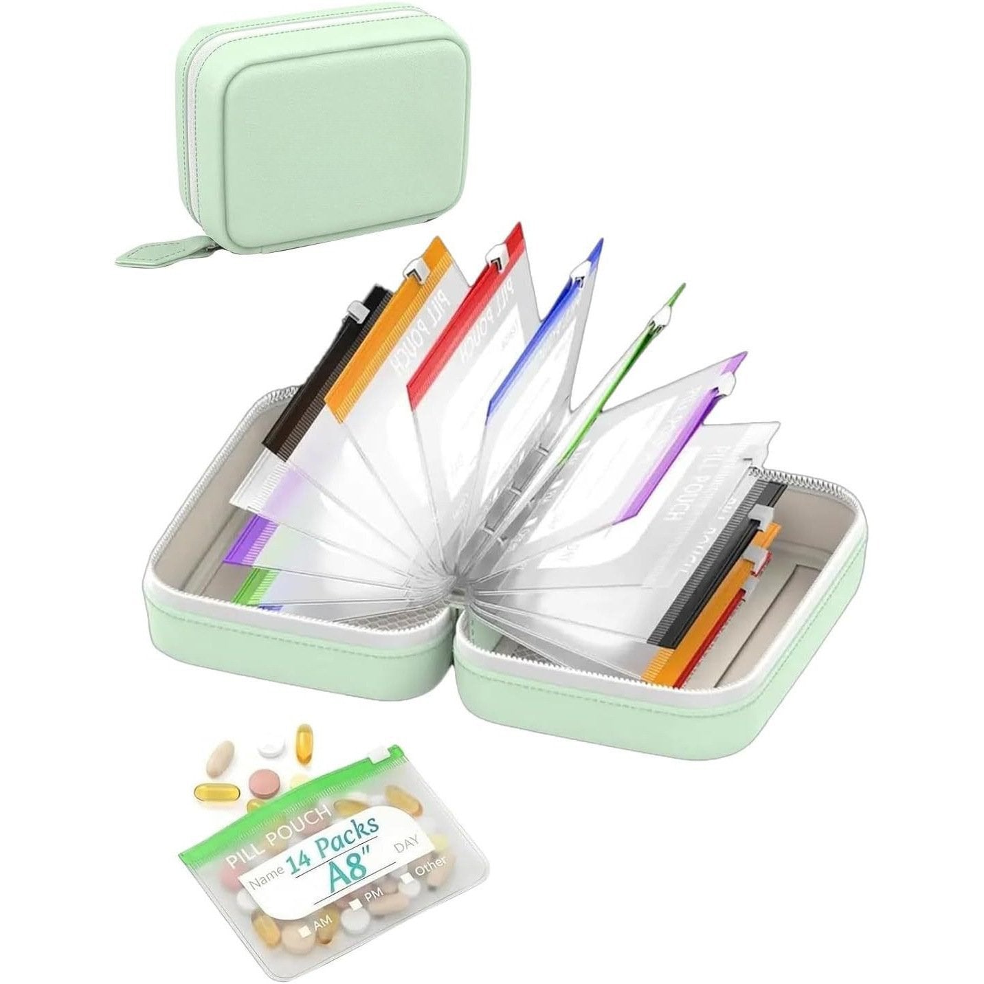 💊 A8 Waterproof 14 Color-Coded Pill Pouches Organizer – Portable Binder-Style Weekly Travel Medicine Storage Case for Pills, Vitamins & Supplements