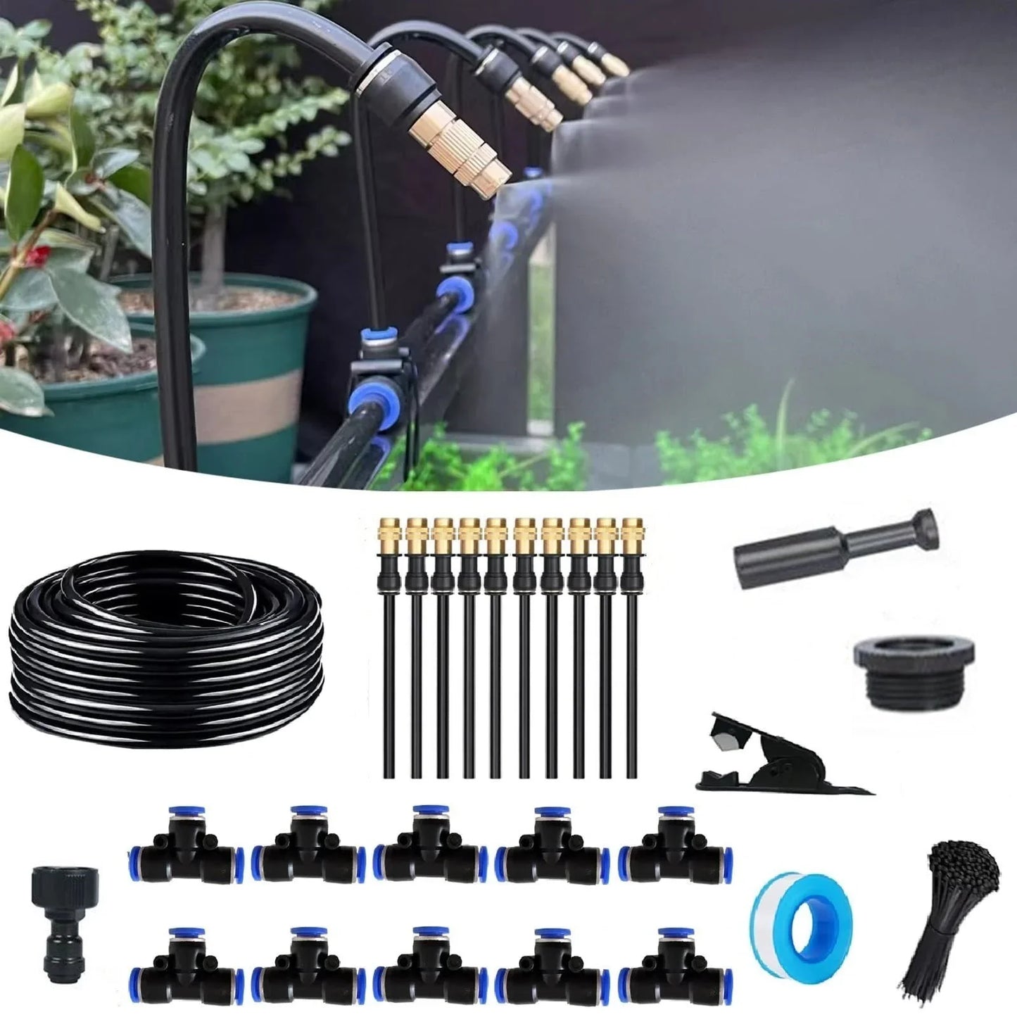 Garden misting system kit with hoses, brass nozzles, connectors, perfect for plant watering
