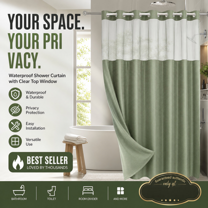 🛁✨50% OFF! 🚿🪟 Finally, a shower curtain that actually keeps water IN — no hooks, no leaks, waffle texture, bright & private. Over 12,658 bathrooms upgraded! ✨