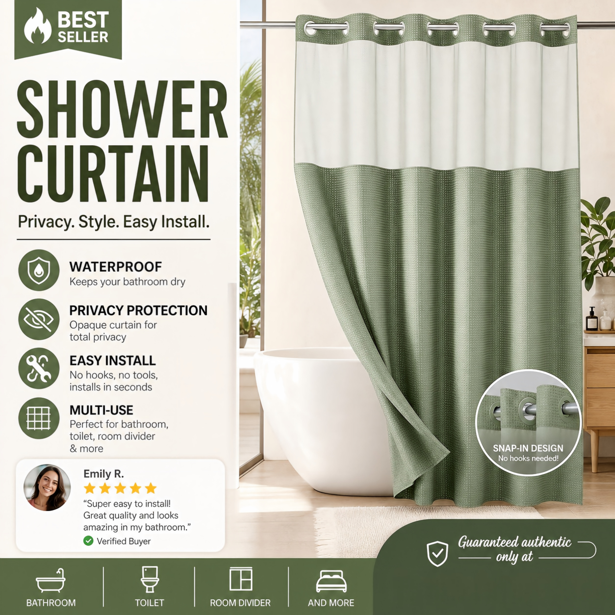 🛁✨50% OFF! 🚿🪟 Finally, a shower curtain that actually keeps water IN — no hooks, no leaks, waffle texture, bright & private. Over 12,658 bathrooms upgraded! ✨