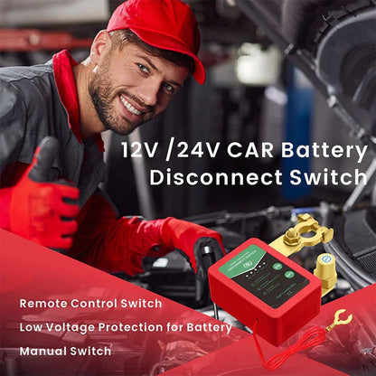 Mechanic with red cap and gloves showing 12V/24V car battery disconnect switch tool in garage