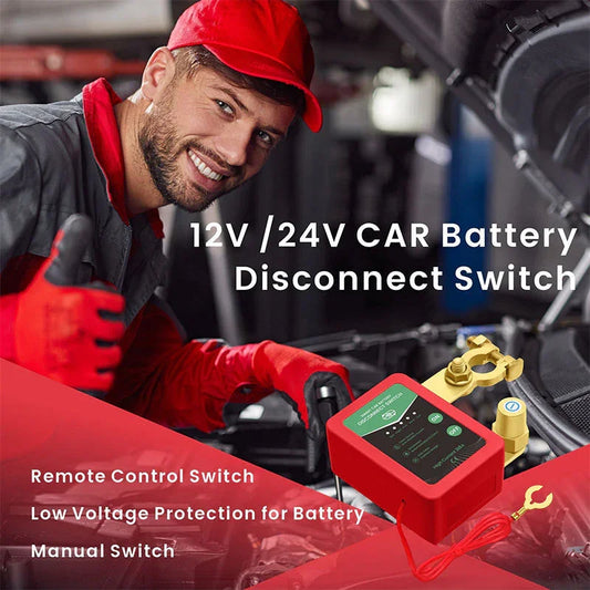 Mechanic with red cap and gloves showing 12V/24V car battery disconnect switch tool in garage