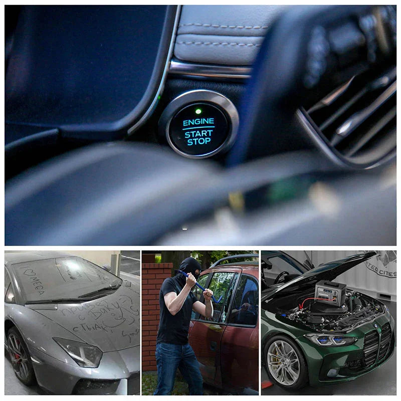 Car security risks collage: push start button, vandalized car, thief breaking in, car battery device.