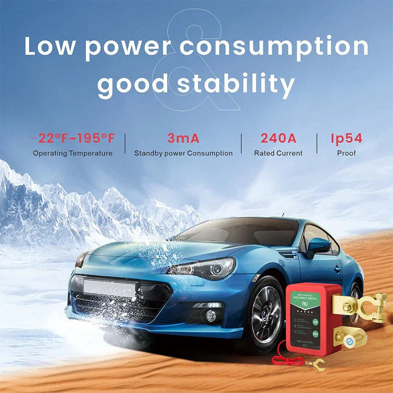 Clarioy auto tool, battery disconnect switch with low power consumption, blue car, snowy mountain background.