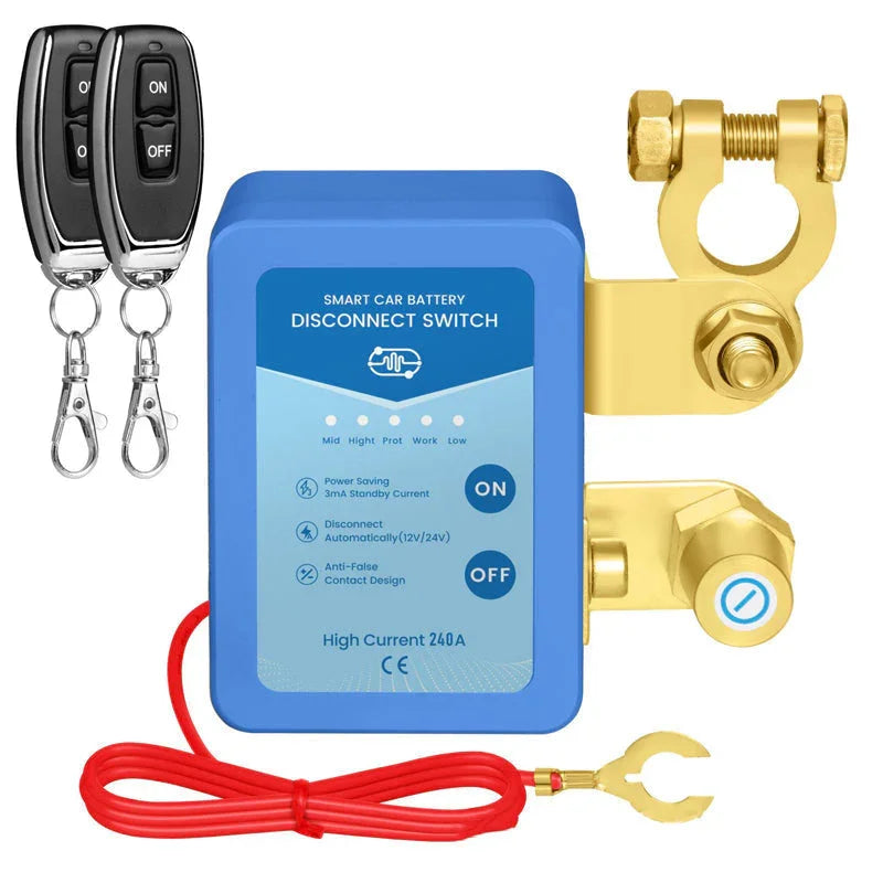 Smart car battery disconnect switch with remote controls, gold terminals, and red cable from clarioy auto tools.