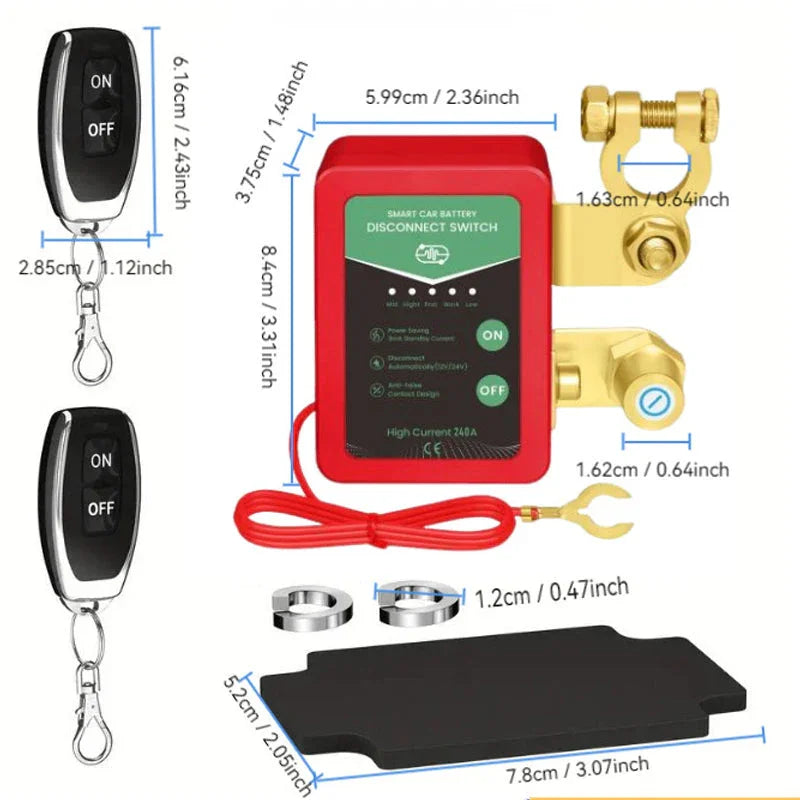 Smart car battery disconnect switch kit with remote controls, wiring, and measured dimensions, Clarioy auto tool.
