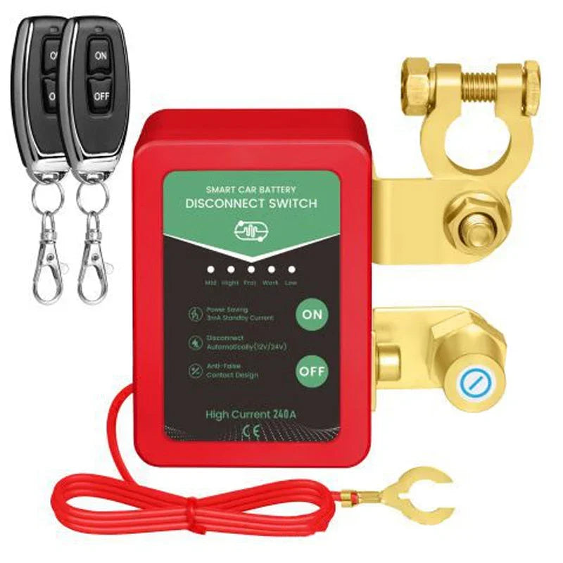 Smart car battery disconnect switch with remote control, gold terminals, and red wiring, sold by clarioy.