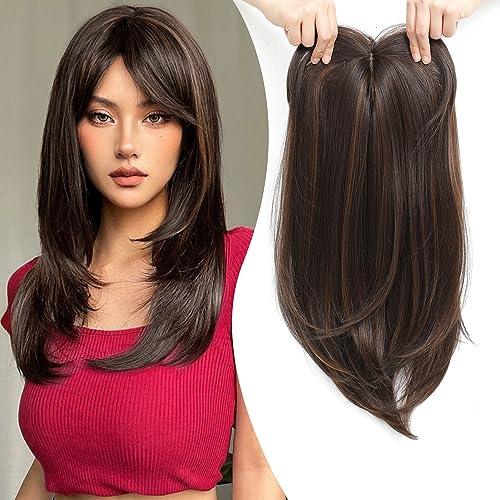 Long straight brown synthetic wig with natural bangs, displayed worn and off, premium hair accessory