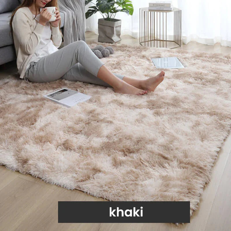 Woman sitting on khaki fluffy rug in modern living room, homeware decor from clarioy