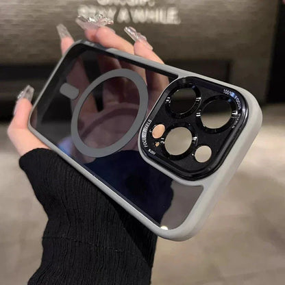 Clear iPhone case with MagSafe ring and camera lens protection held in hand, clarioy electronics accessory
