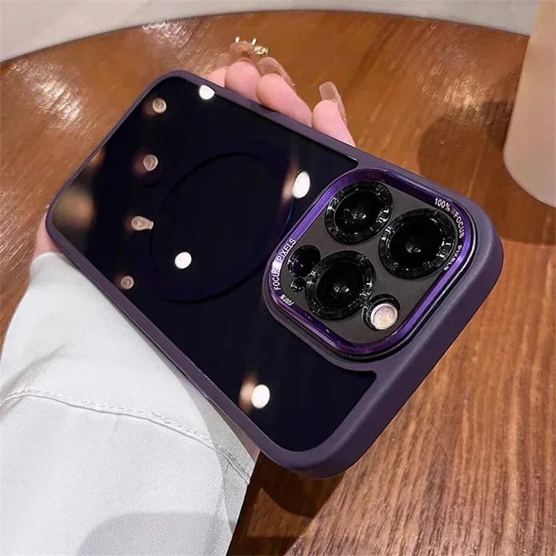 Purple iPhone case with camera lens protection held on a wooden table, clarioy homeware accessory