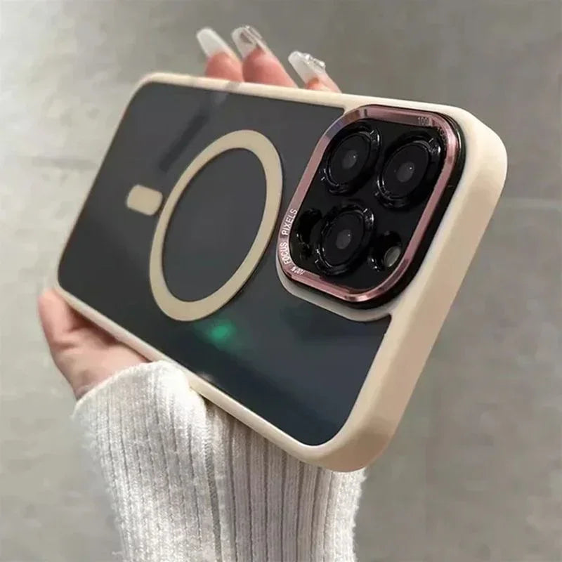 clarioy premium iPhone case with MagSafe ring, cream frame, triple camera cutout