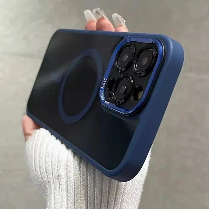 Blue iPhone case with MagSafe ring, shown in hand, premium phone accessory from clarioy