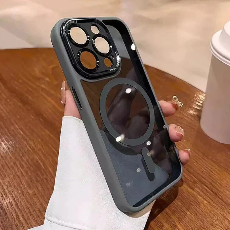 Clear MagSafe iPhone case with black edge shown on a table, offered by clarioy electronics.