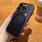 Purple iPhone with MagSafe case held in hand on wood table, Clarioy electronics accessory