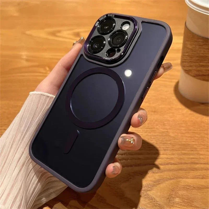 Purple iPhone with MagSafe case held in hand on wood table, Clarioy electronics accessory
