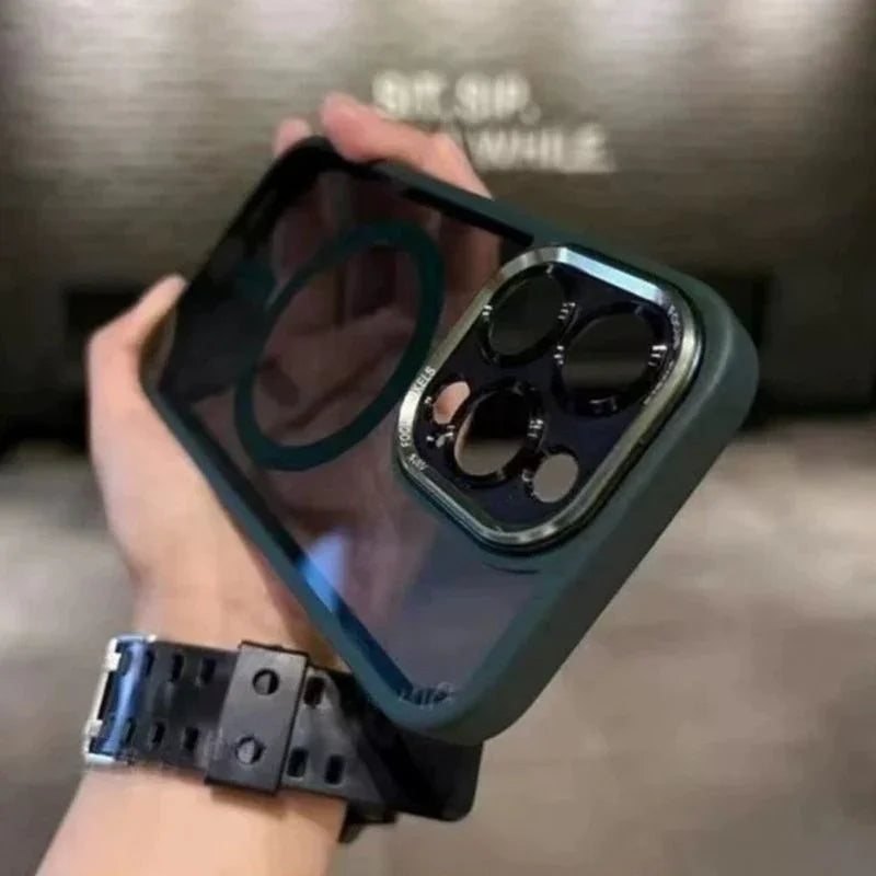 Hand holding clarioy premium clear iPhone case with MagSafe ring and camera protection