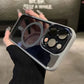 Hand holding a transparent iPhone case with reinforced lens protector, clarioy electronics accessory