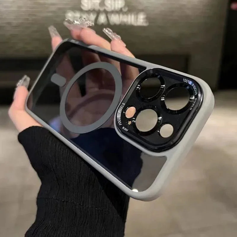 Hand holding a transparent iPhone case with reinforced lens protector, clarioy electronics accessory