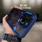 Blue transparent iPhone case with MagSafe ring and camera cutouts, held in hand