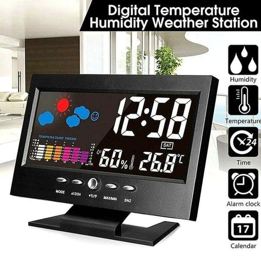 Digital temperature humidity weather station on desk, displaying time, humidity, and temperature, available at clarioy.