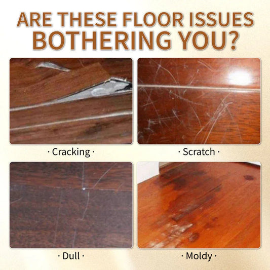 Damaged wood flooring showing cracking, scratches, dullness, and moldy spots, home maintenance issue